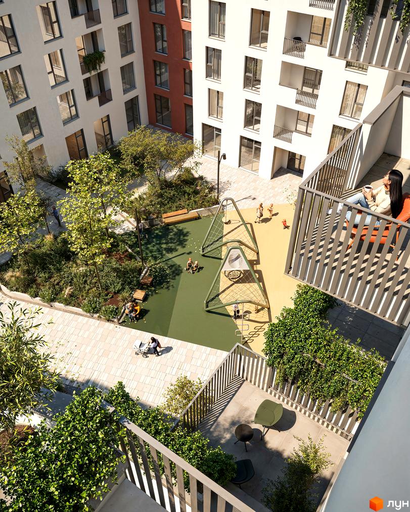 Вигляд на Житловий комплекс Novatsia з балкону: дитячий майданчик у дворі, зелені насадження, відпочиваюча жінка на балконі.