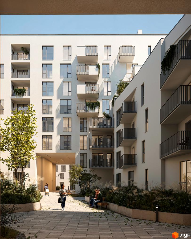 Зображення фасаду Житлового комплексу Novatsia з балконами та великими вікнами. На передньому плані двір з рослинами та місцями для відпочинку.