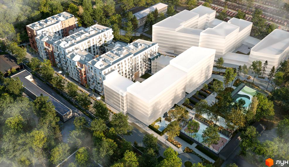 Зображення Житлового комплексу Novatsia з висоти пташиного польоту. На фото видно багатоповерхові будинки та зелену прибудинкову територію.