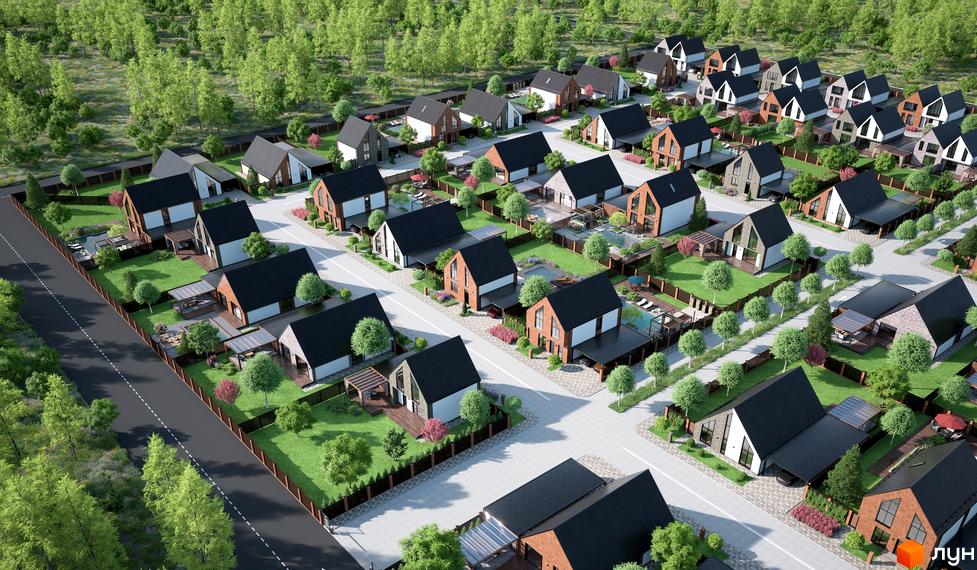 Зображення котеджів з чорними дахами та білими стінами в Котеджному містечку ArtHomes. Навколо будинків зелені газони та дерева.