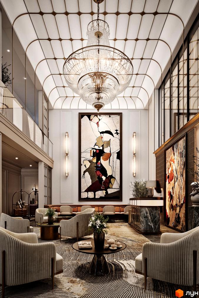 Інтер'єр лобі в Житловому комплексі MIY by Five Forces з великою люстрою та картиною. Зона відпочинку з диванами та столиками.