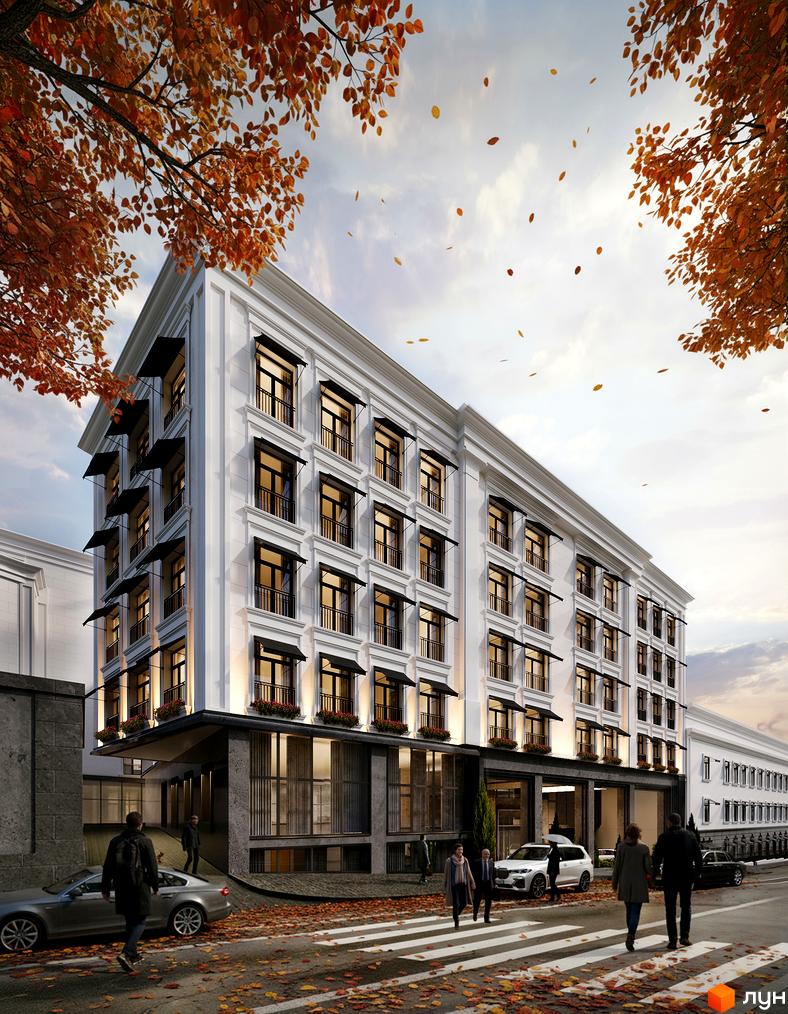 Зображення фасаду MIY by Five Forces. П’ятиповерхова будівля з балконами та великими вікнами, біля якої розташована пішохідна зона.