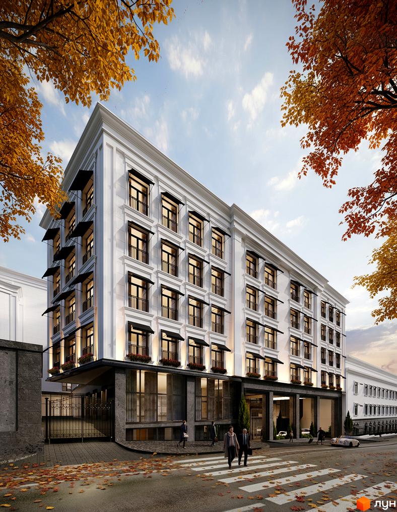 Зображення фасаду Житлового комплексу MIY by Five Forces з великими вікнами та чорними навісами. На передньому плані пішохідний перехід.