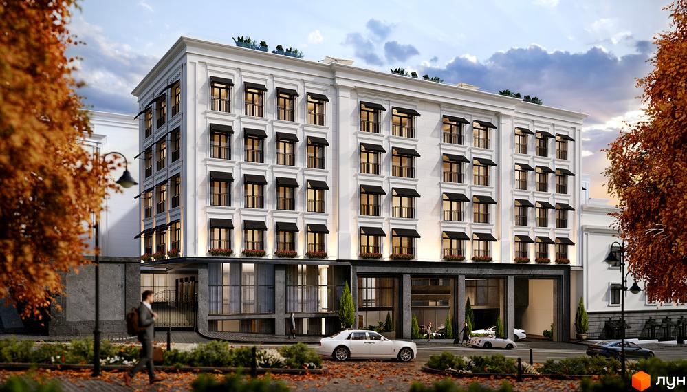 Зображення фасаду Житлового комплексу MIY by Five Forces з балконами та чорними навісами. На передньому плані осіння вулиця.