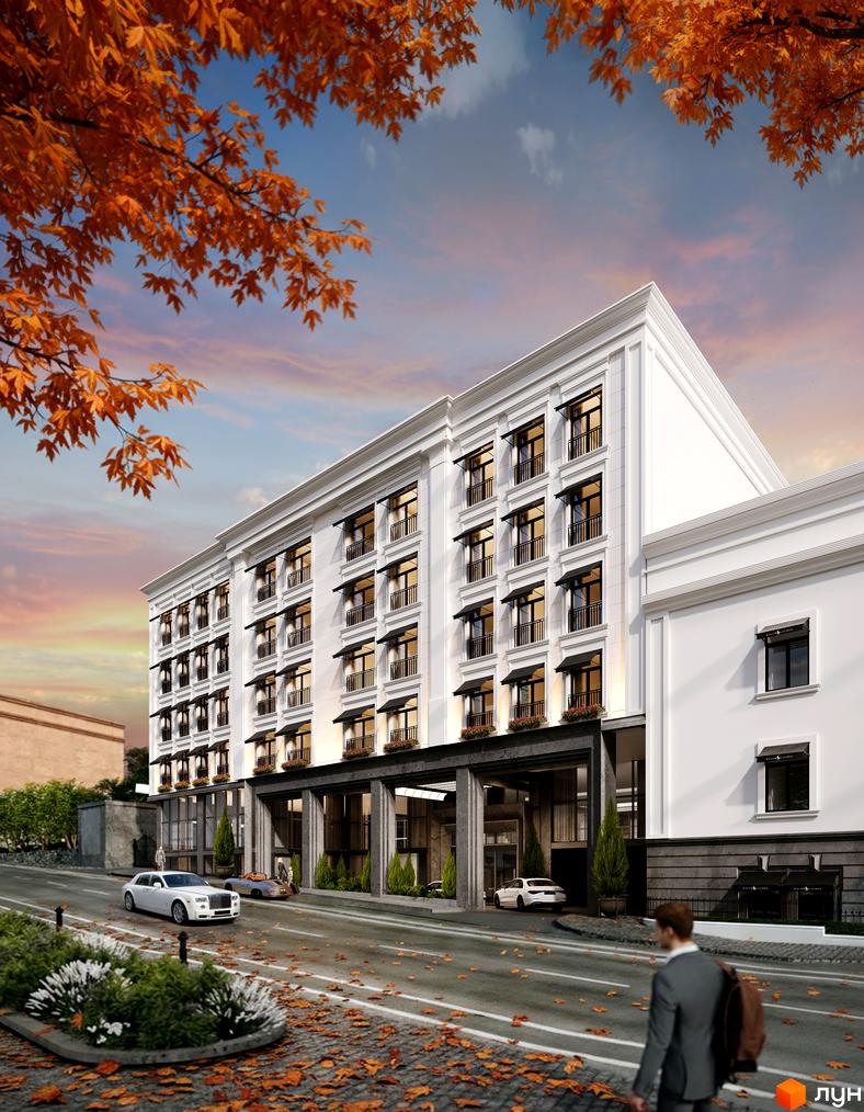 Зображення фасаду Новобудови MIY by Five Forces з балконами та терасами. На передньому плані дорога з тротуаром та зеленою зоною.