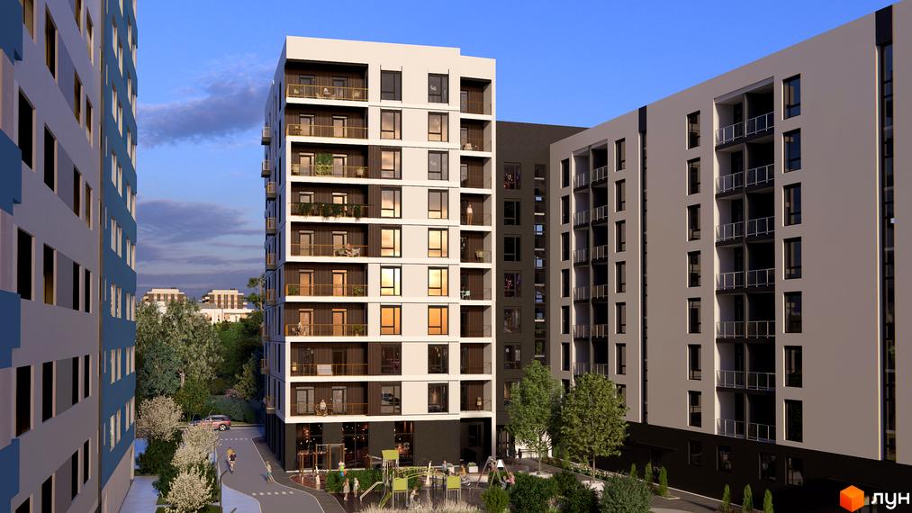 Зображення фасаду та прибудинкової території Житлового кварталу CONTINENT. На території розташовано дитячий майданчик.