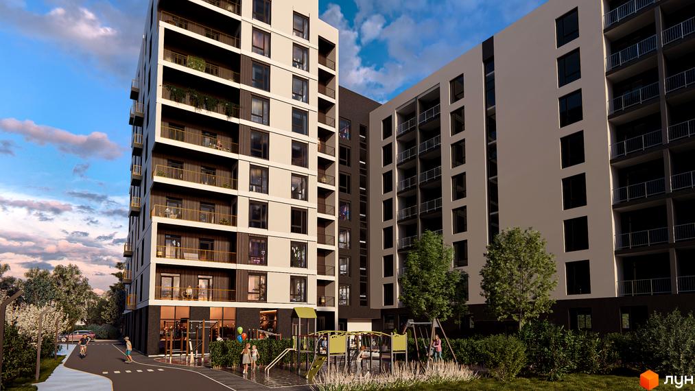 Зображення фасаду та прибудинкової території Житлового кварталу CONTINENT. На території дитячий майданчик та зелені насадження.