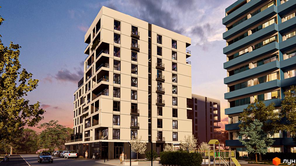 Зображення багатоповерхового будинку в Житловому кварталі CONTINENT з великими вікнами та балконами. На передньому плані прибудинкова територія.