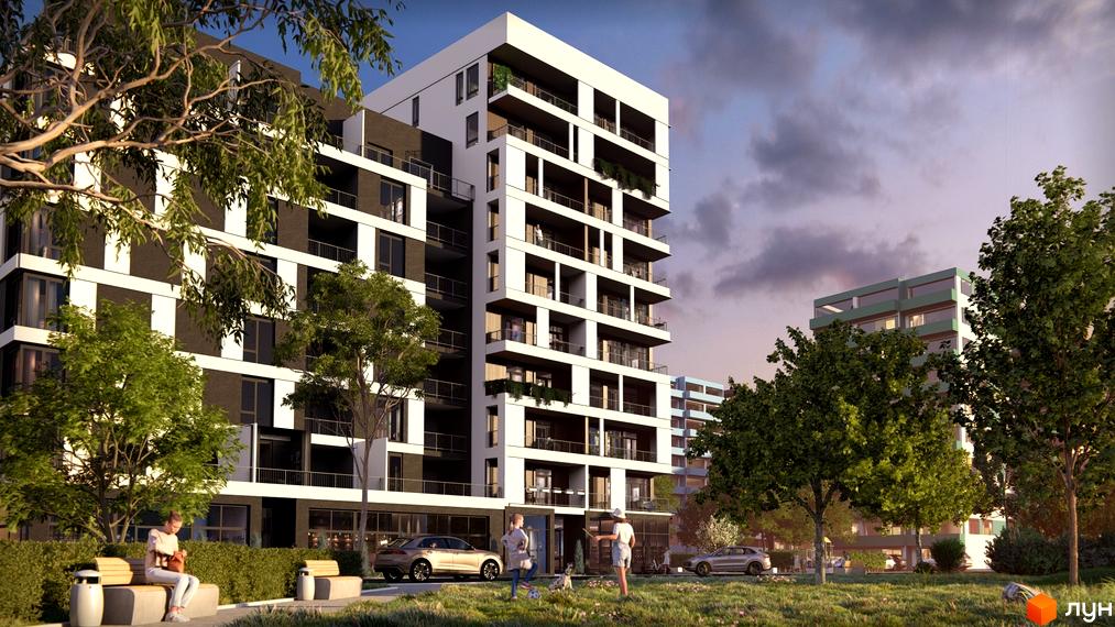 Зображення фасаду та прибудинкової території Житлового кварталу CONTINENT. Багатоповерховий будинок з балконами, поруч зелена зона з лавками.