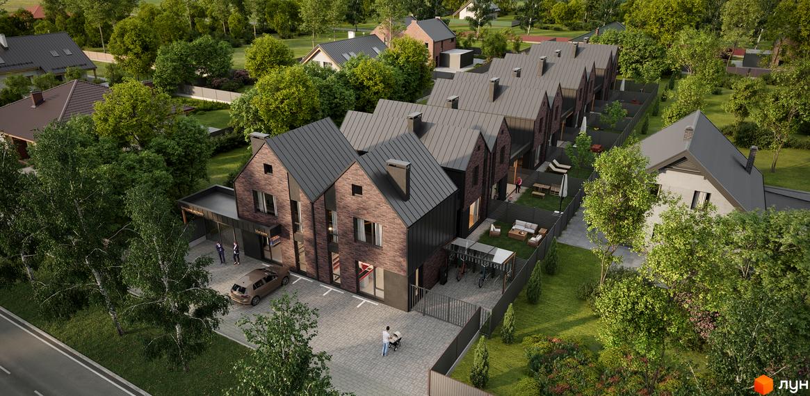 Цегляні дуплекси BERGEN HOUSE з темною покрівлею та чорними вставками. На території комплексу є парковка, зелені насадження та зона відпочинку.