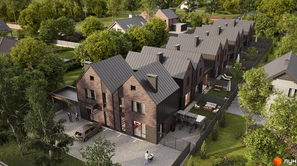 Цегляні дуплекси BERGEN HOUSE з темною покрівлею та парковкою перед будинками. На прибудинковій території газон, дерева та зона відпочинку.