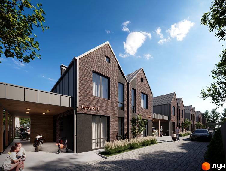 Зображення фасаду будинку в житловому комплексі BERGEN HOUSE з цегляною кладкою та критою стоянкою. На території бруківка, зелені насадження та люди.