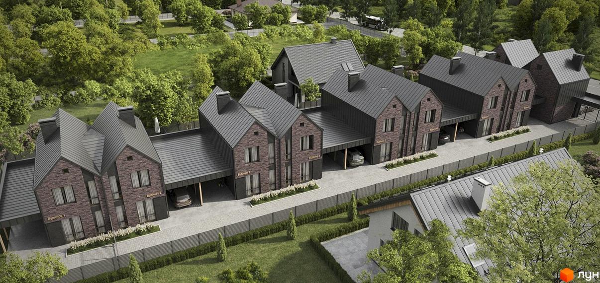 Зображення сторінки житлового комплексу BERGEN HOUSE. Цегляні будинки з темною покрівлею, гаражами та доглянутою прибудинковою територією з газоном та деревами.