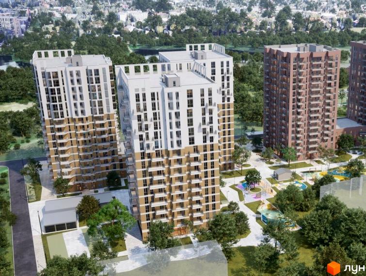 Високі будинки ЖК Озерні Вежі з фасадами світлих та коричневих відтінків. На території комплексу розташовані дитячі майданчики та зелені насадження.