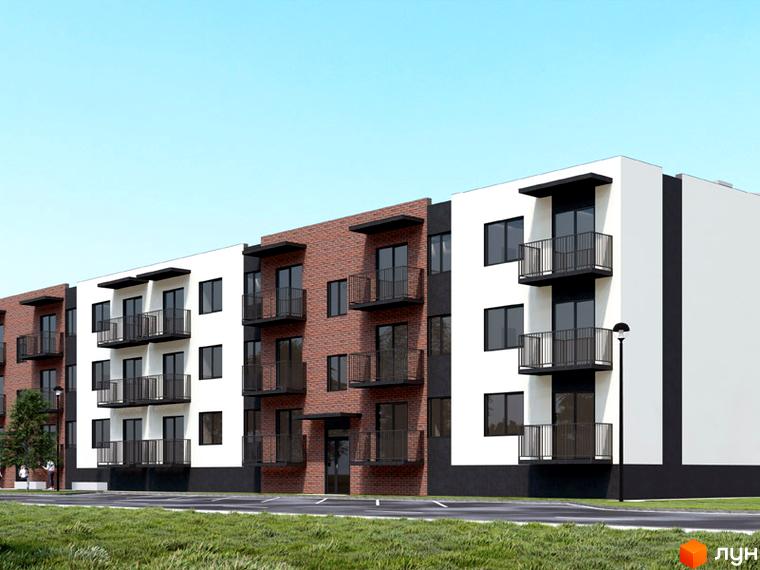 Зовнішній вигляд новобудови ЖК Садовий з цегляними та білими фасадами, балконами та вікнами. Навколо зелена галявина та блакитне небо.