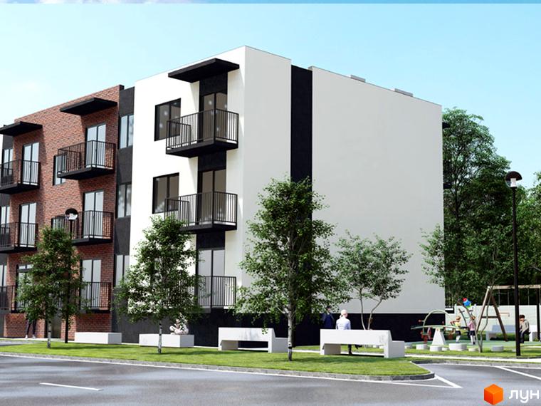 Новобудова ЖК Садовий з цегляним та білим фасадами, балконами та дитячим майданчиком. Сучасний житловий комплекс із зонами відпочинку.