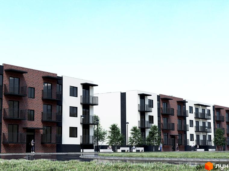Новобудова ЖК Садовий. Фасад будинку комбінований: цегляний та білий. Поруч зелена зона з деревами та лавками.