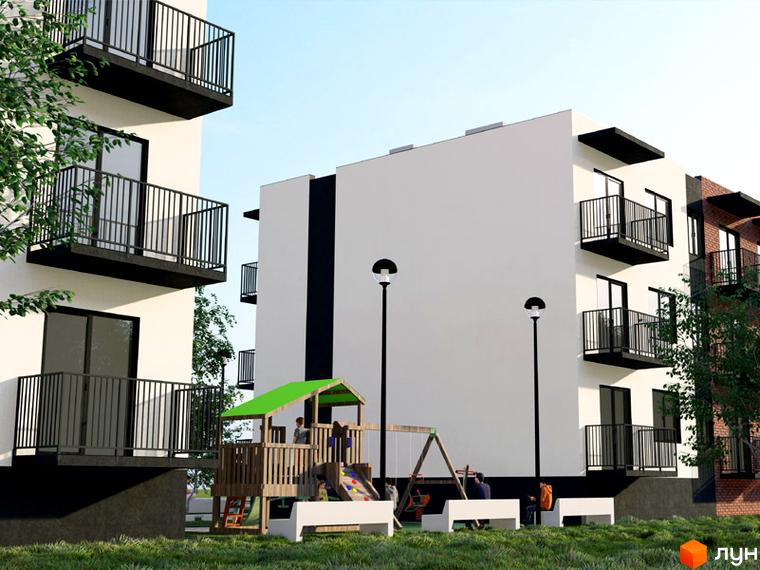 Зовнішній вигляд новобудови ЖК Садовий з балконами та дитячим майданчиком. Прибудинкова територія з лавками та освітленням.