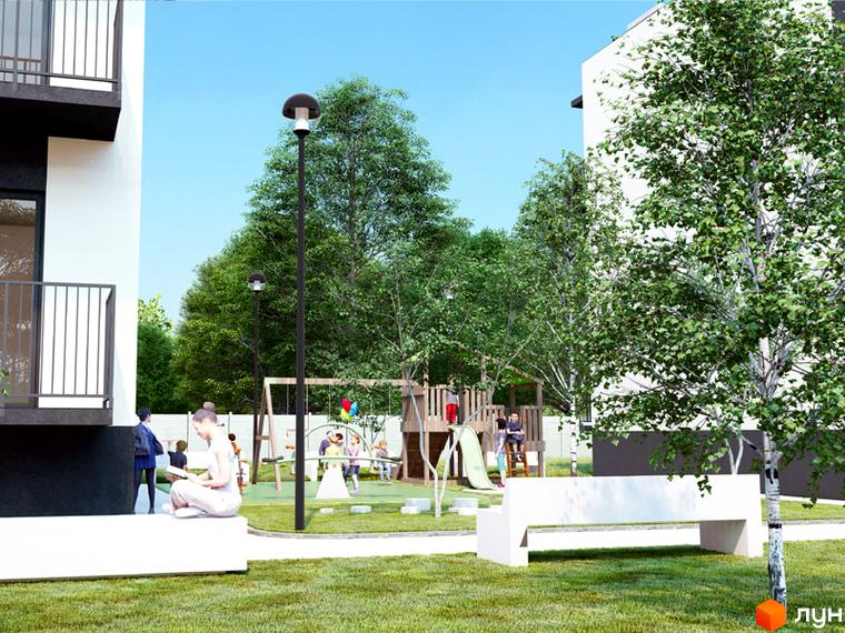 Житловий комплекс Садовий: сучасна архітектура та дитячий майданчик з гойдалками та гіркою. Зелена зона для відпочинку.