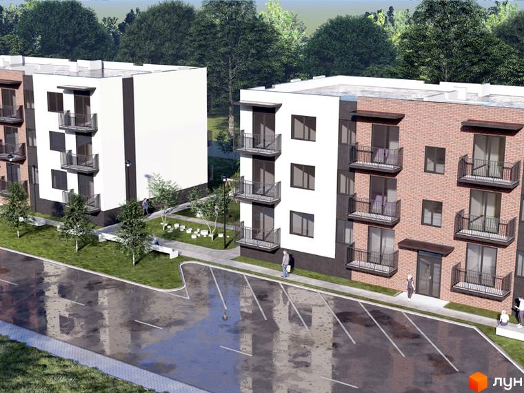 Житловий комплекс Садовий: фасади будинків з цегляним оздобленням та балконами, зелена прибудинкова територія з лавками та парковкою.