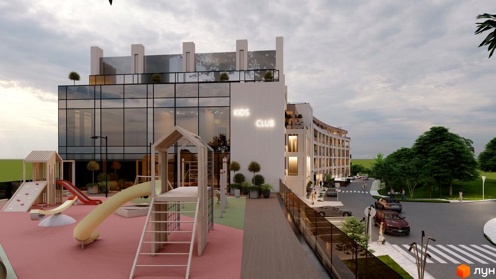 Emily Apartments: комплекс з фасадом з панорамних вікон та дитячим майданчиком. Прибудинкова територія з дорогою та зеленими насадженнями.