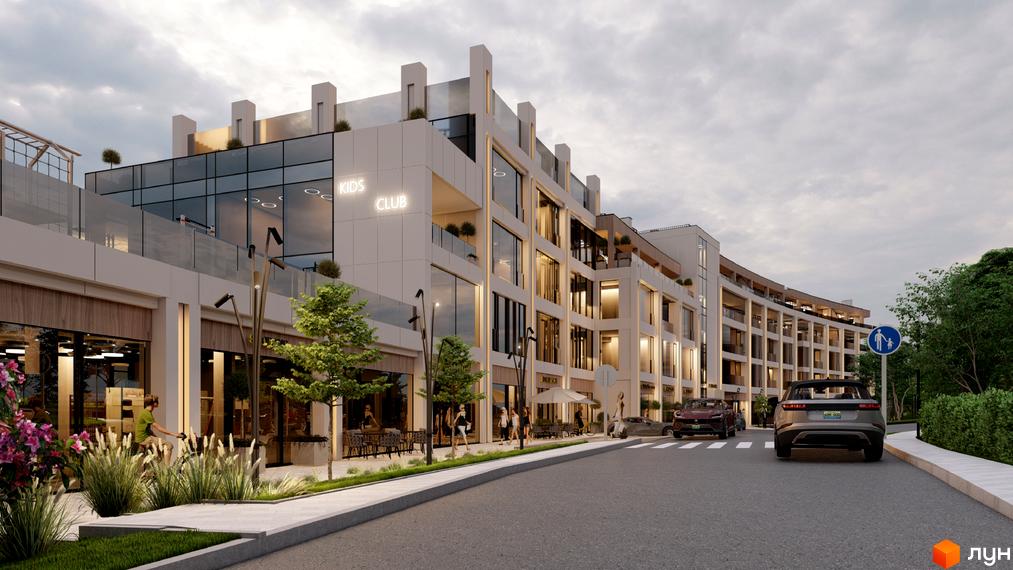 Emily Apartments - новобудова з фасадом з великих вікон та балконів, з магазинами та зоною відпочинку на першому поверсі. Поруч дорога та зелені насадження.