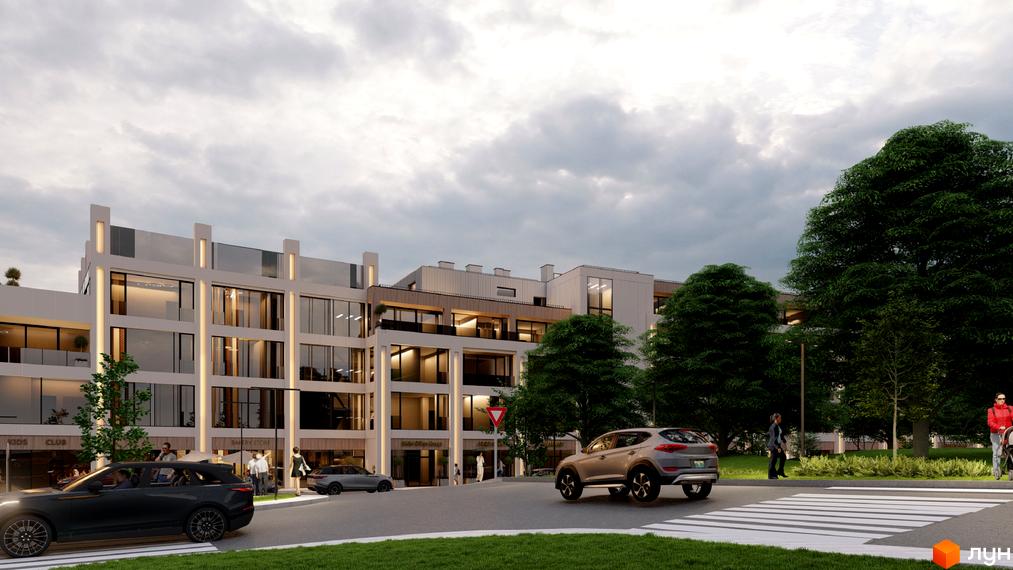 Зовнішній вигляд житлового комплексу Emily Apartments з фасадами з великою кількістю скла та балконами. Навколо будинку розташовані дерева та зелена зона.