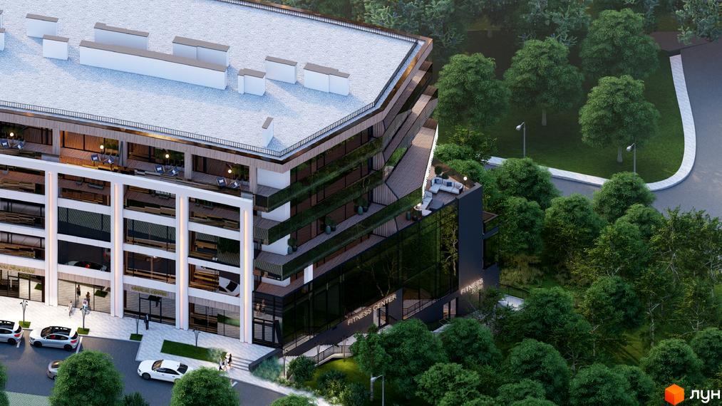 Emily Apartments – новобудова з терасами та зеленими насадженнями, оточена деревами. Зовнішній вигляд будівлі з панорамними вікнами та балконами.