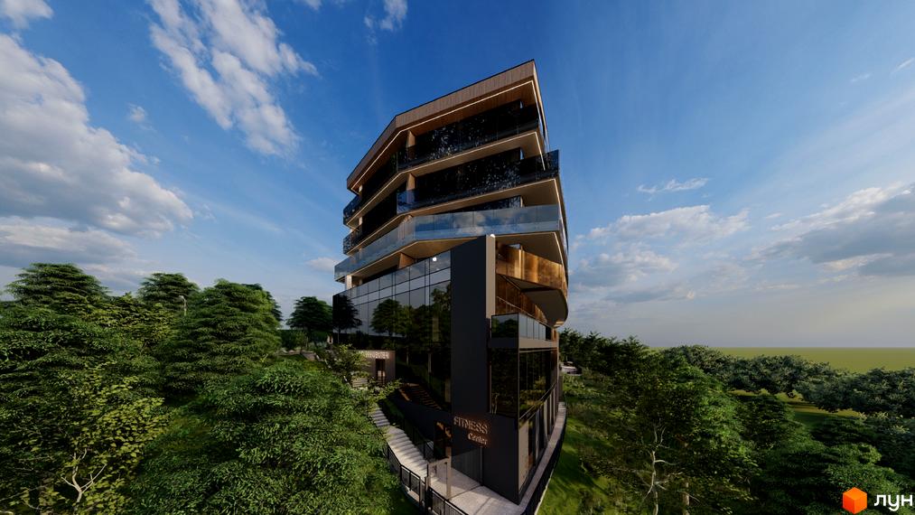 Emily Apartments - новобудова з панорамним склінням та скляними балконами, оточена зеленими деревами. Зовнішній вигляд будівлі та прибудинкова територія.