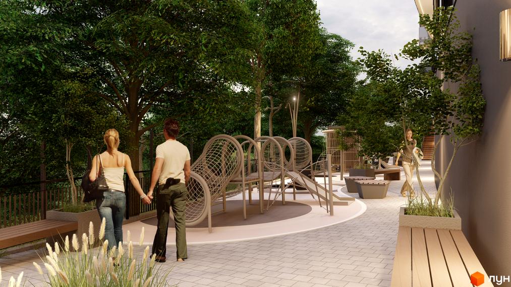 Житловий комплекс Emily Apartments з дитячим майданчиком та зонами відпочинку серед дерев. Сучасна прибудинкова територія для мешканців.