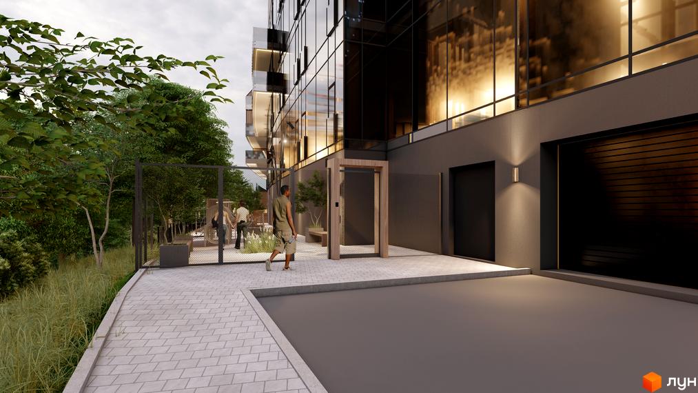 Зовнішній вигляд новобудови ЖК Emily Apartments з скляним фасадом та прибудинковою територією з деревами та пішохідними доріжками.