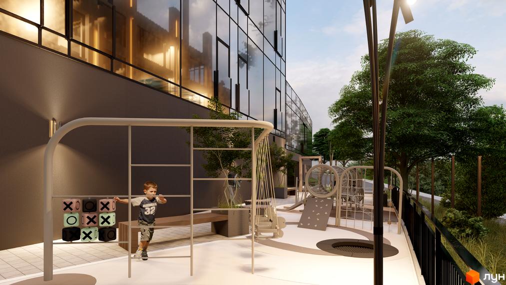 Emily Apartments: дитячий майданчик біля сучасної новобудови з великими вікнами. Територія для відпочинку та ігор дітей.