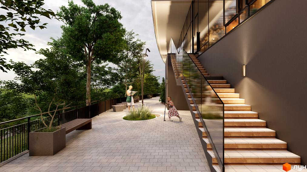 Emily Apartments - новобудова з зовнішніми сходами та скляним огородженням, прибудинкова територія з лавками та деревами.