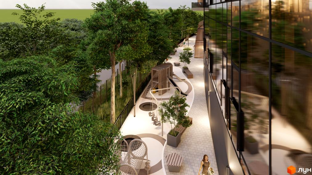 Житловий комплекс Emily Apartments з фасадом з панорамних вікон та облаштованим дитячим майданчиком. Територія комплексу озеленена деревами та обладнана зонами відпочинку.