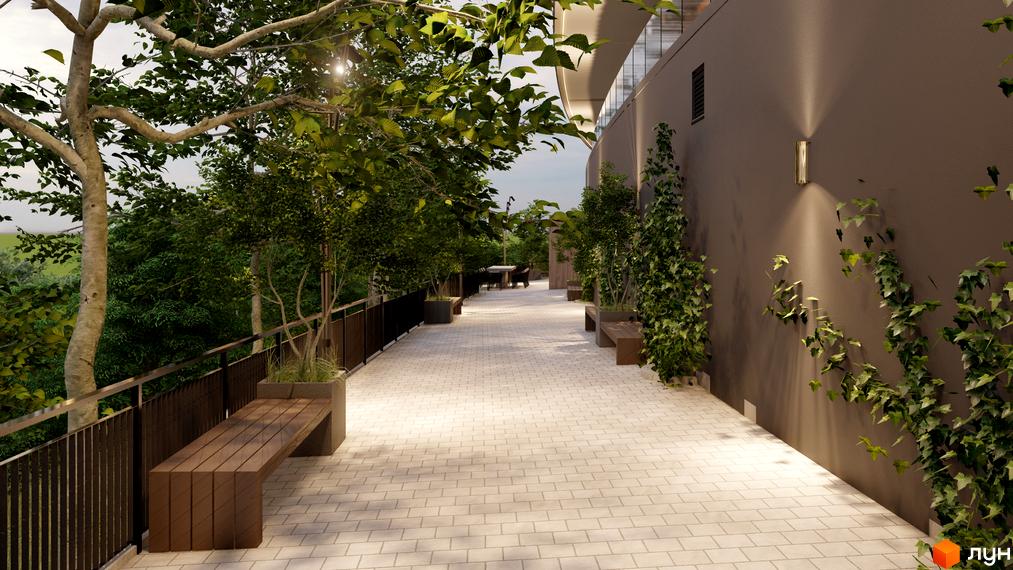 Emily Apartments: затишна тераса з лавками та деревами, що виходить на зелену зону. Сучасний фасад будинку з рослинністю.