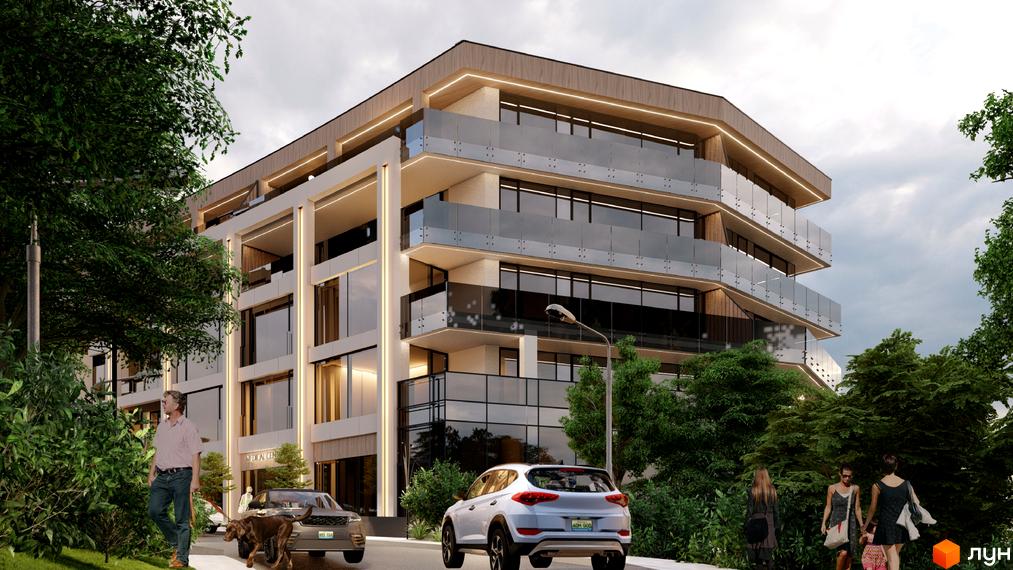 Житловий комплекс Emily Apartments з панорамними вікнами та скляними балконами, оточений зеленню. Поруч дорога з автомобілями та пішохідна зона з людьми.