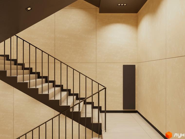 Сучасні сходи в ЖК Emily Apartments з мармуровими сходами та чорними поручнями. Стіни оздоблені світлою штукатуркою, підлога викладена плиткою.