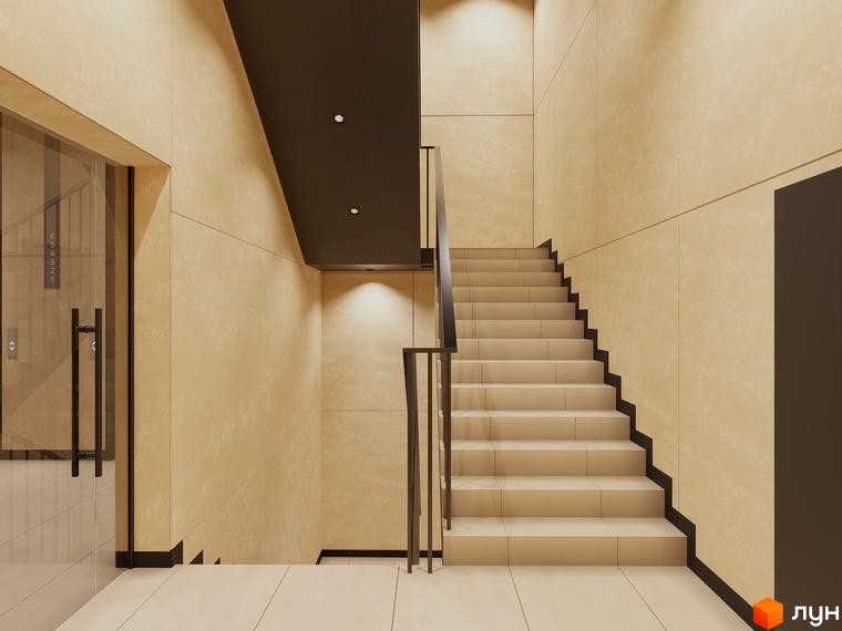 Сучасний вхід у житловий комплекс Emily Apartments з ліфтом та сходами, оздоблений світлим каменем та темними акцентами.