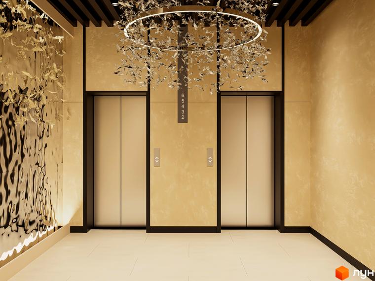 Інтер'єр холу ЖК Emily Apartments з двома ліфтами та декоративним освітленням. Сучасний дизайн та оздоблення стін.