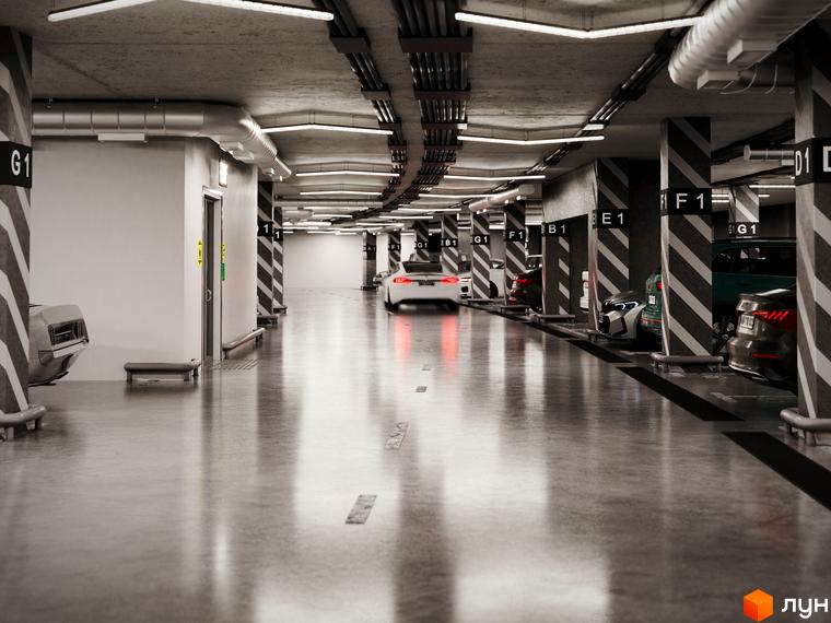Підземний паркінг у ЖК Emily Apartments з позначеними місцями для паркування та автомобілями. Сучасний дизайн паркінгу з освітленням та вентиляцією.