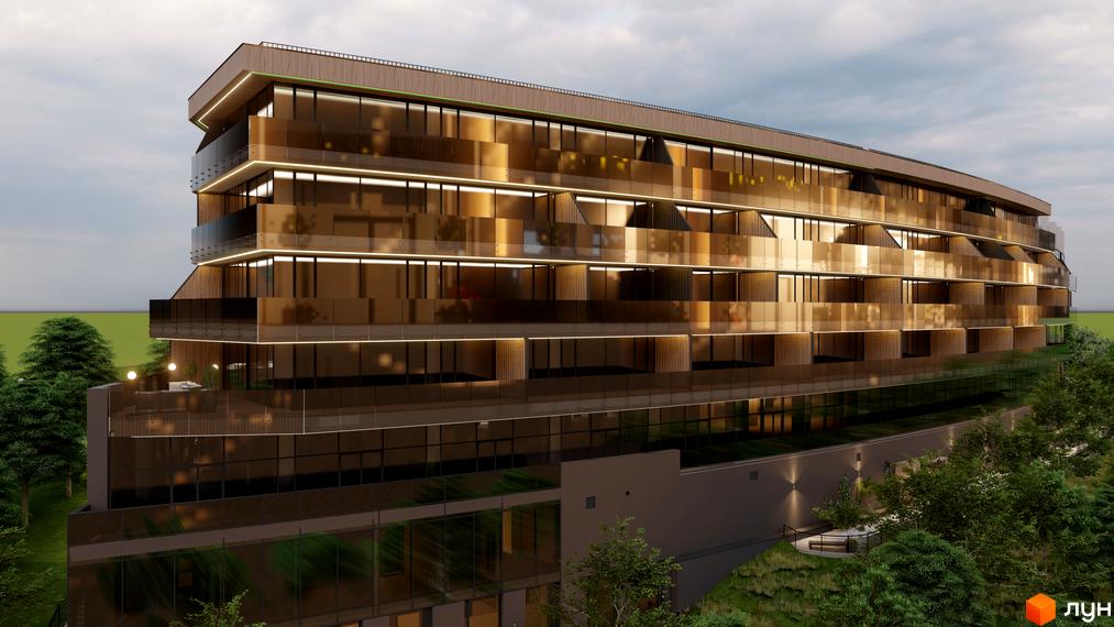 Новобудова Emily Apartments з панорамним склінням та індивідуальними балконами, оточена зеленню та з підсвіченою прибудинковою територією.