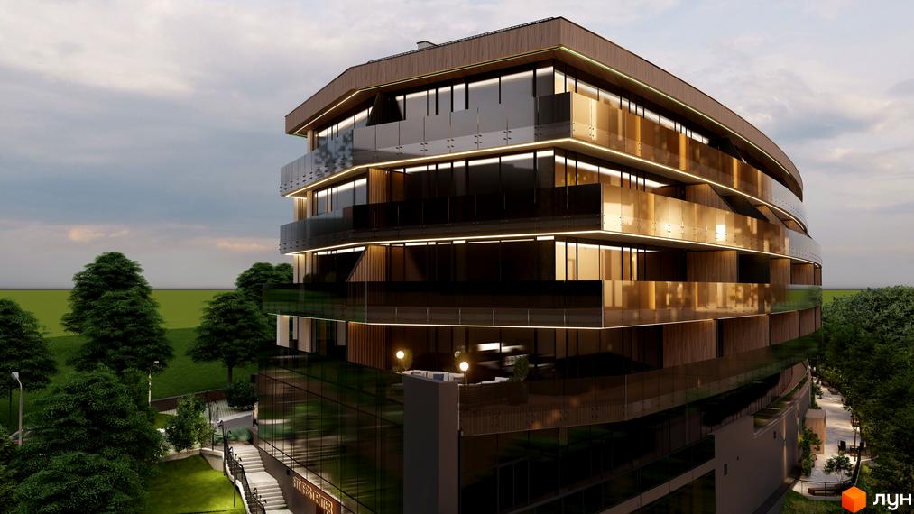 Emily Apartments - новобудова з панорамними вікнами та балконами, оточена зеленими деревами та доглянутою прибудинковою територією.