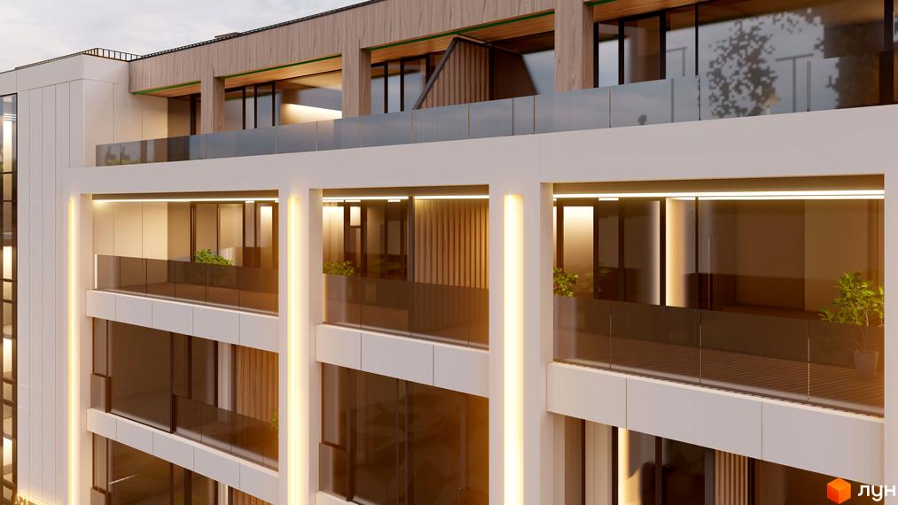 Emily Apartments - фасади будинку з балконами та склінням. Зовнішній вигляд новобудови з елементами дерева та підсвіткою.