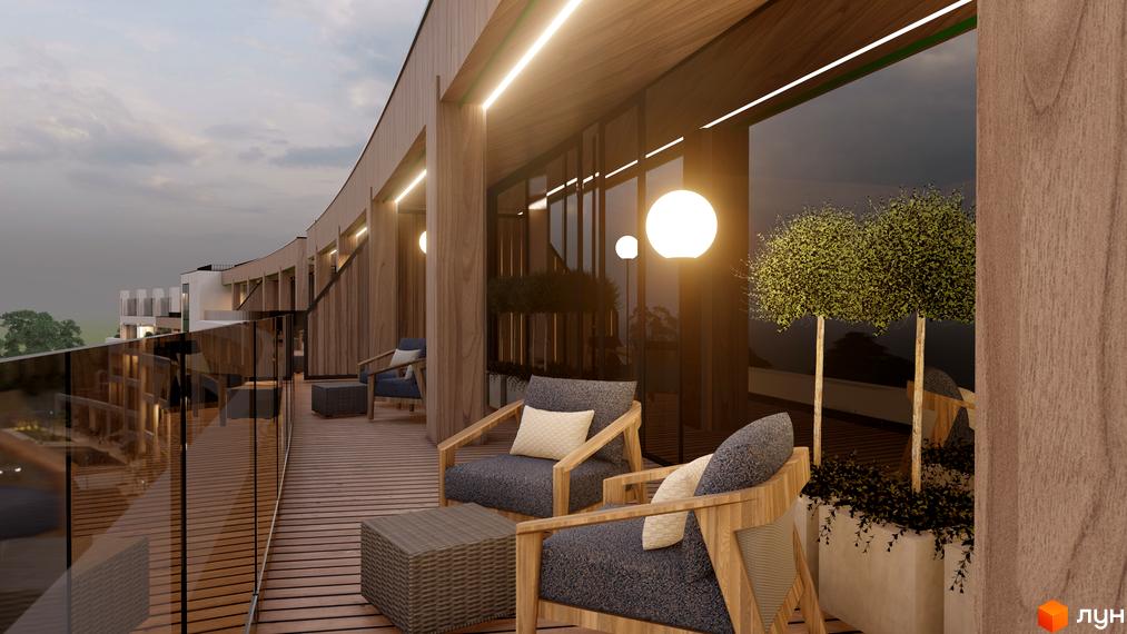 Emily Apartments. Балкон з дерев'яним настилом, скляною огорожею та меблями. Навколо будівлі зелені насадження та панорамні вікна.