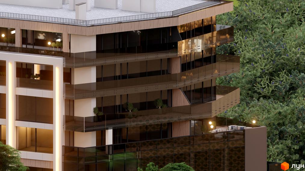 Зовнішній вигляд новобудови Emily Apartments з балконами та зеленими насадженнями. Зовнішній вигляд будинку з балконами та зеленими насадженнями.