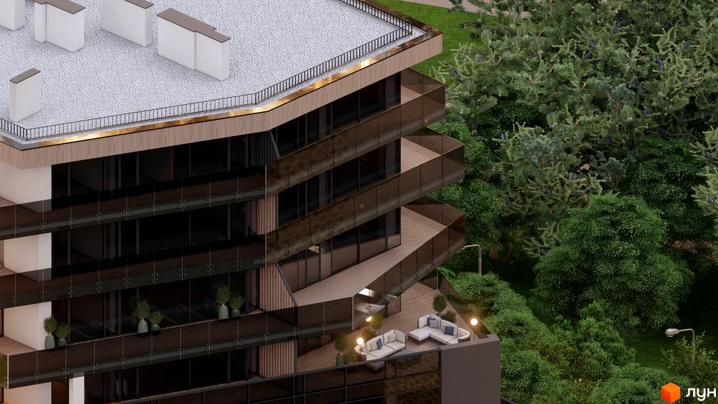 Emily Apartments - новобудова з терасами та скляними балконами, оточена зеленню. Зовнішній вигляд будинку та прибудинкова територія.