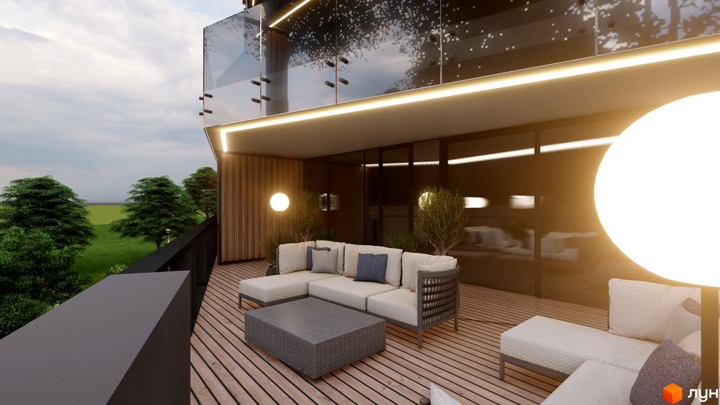 Emily Apartments - балкон з диваном та кавовим столиком, вид на зелені дерева та поле. Зовнішній вигляд новобудови з дерев'яною обшивкою та скляними елементами.