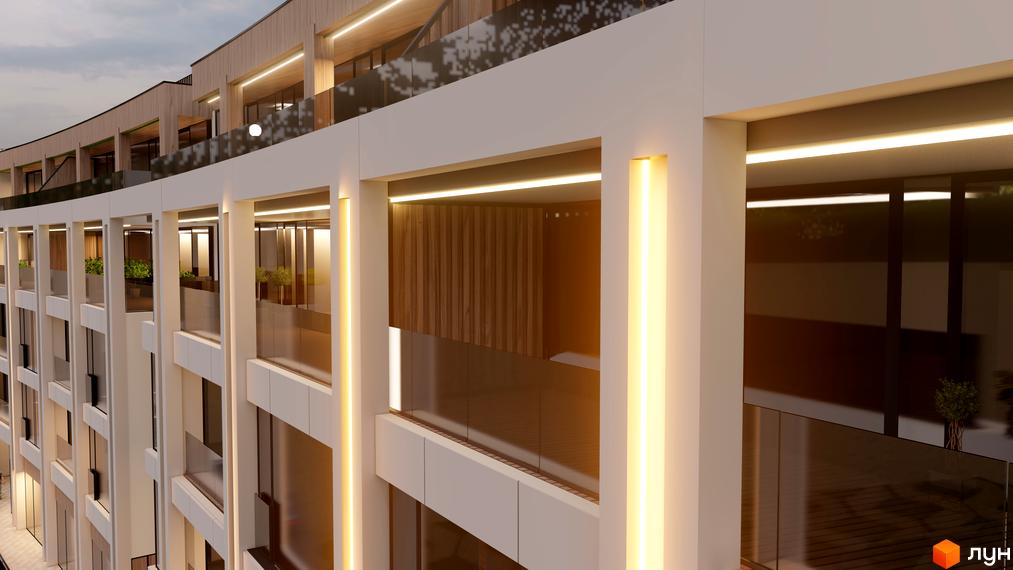 Зовнішній вигляд новобудови Emily Apartments з балконами та підсвіткою. Фасад будинку оздоблений деревом та скляними елементами.