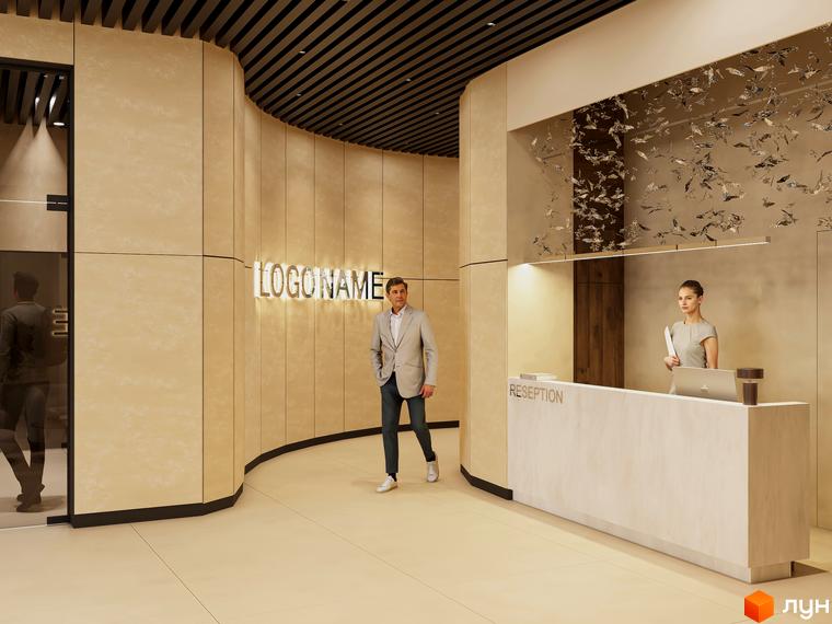 Інтер'єр рецепції житлового комплексу Emily Apartments з елементами декору та стійкою реєстрації. Дизайн новобудови з акцентом на функціональність та естетику.