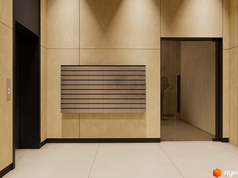 Житловий комплекс Emily Apartments: вхідна група з поштовими скриньками та дверима в ліфт. Сучасний дизайн інтер'єру.